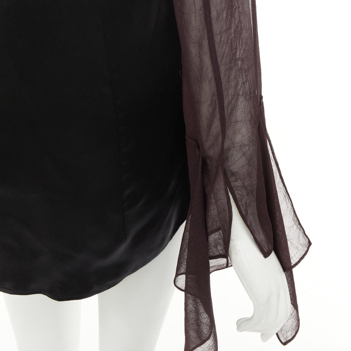 LOEWE asymmetric mixed media black sheer burgundy pussy bow blouse IT36