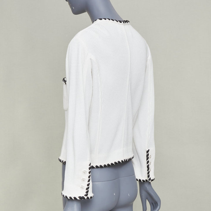 CHANEL 2021 Cruise white twist braid waffle knit crystal button jacket FR34 XX
