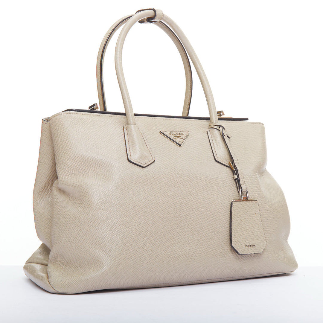 PRADA Twin beige saffiano leather trangle logo top handle tote bag