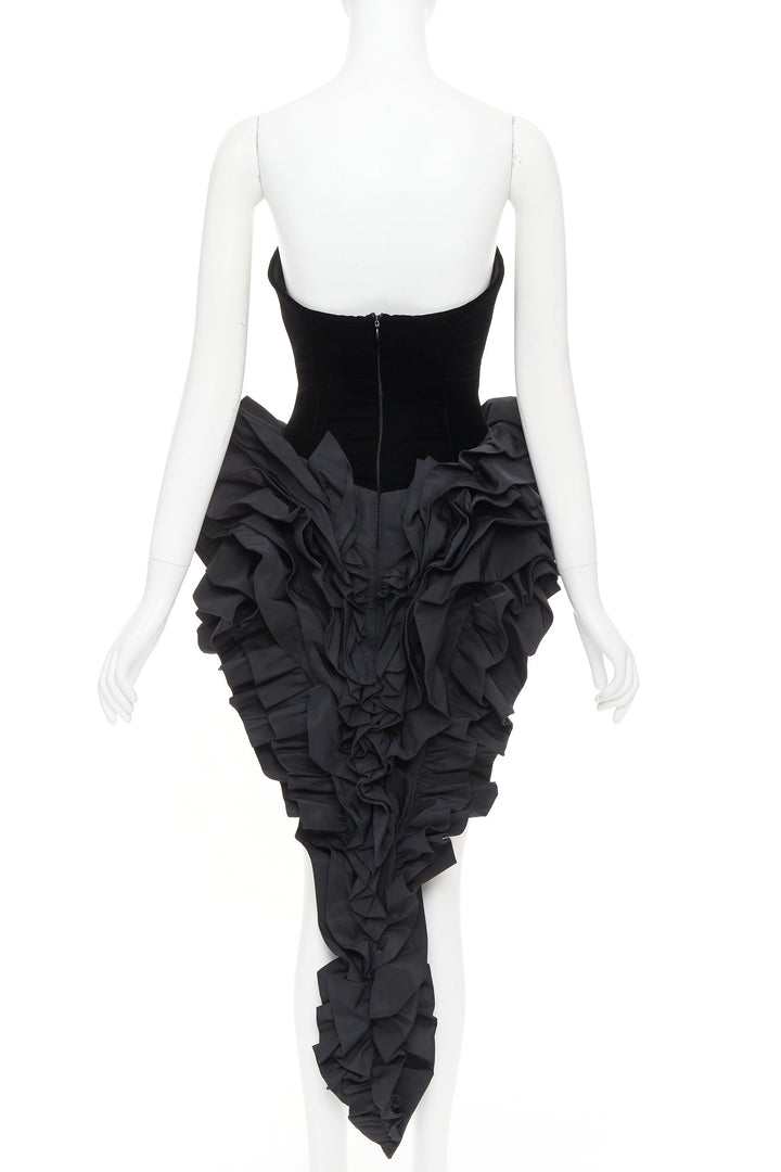 rare ALEXANDRE VAUTHIER COUTURE black velvet taffeta ruffle slit bodysuit dress