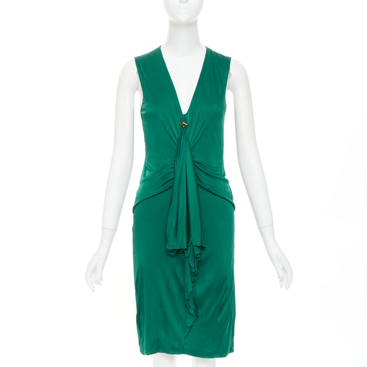 GUCCI 2008 emerald green viscose gold hardware draped V neck midi dress L