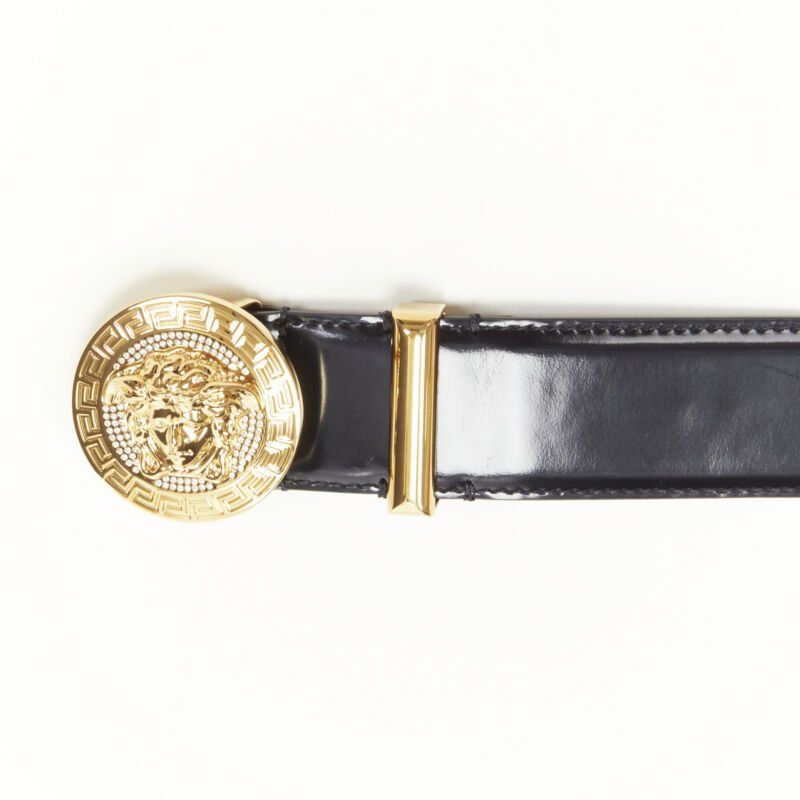 VERSACE Medusa Biggie crystal gold Medallion coin leather belt 80cm 30-34"