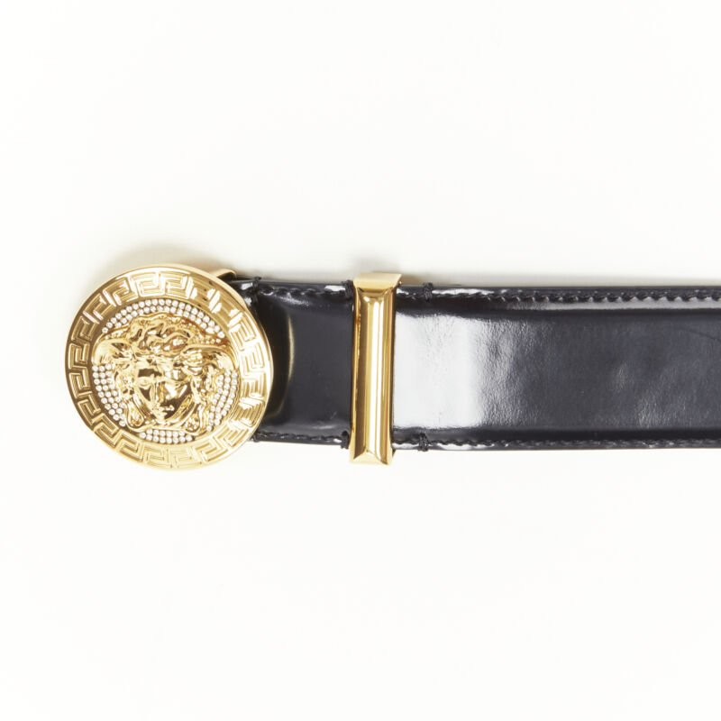 VERSACE Medusa Biggie crystal gold coin black leather belt 90cm 34-38"