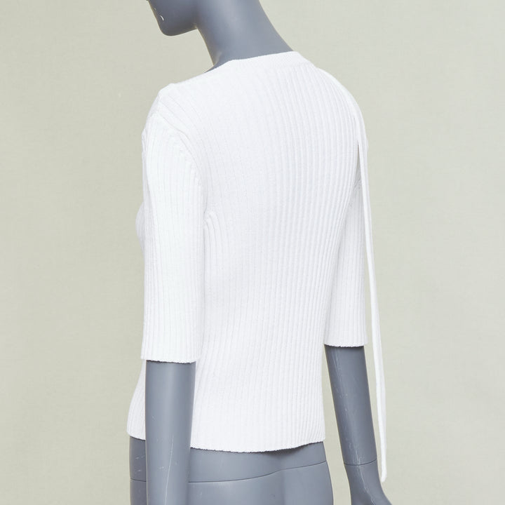 CHANEL white ribbed cotton knit CC logo buckle sash sweater FR36 S