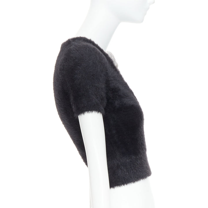 ALEXANDER WANG Crystal Knot black fuzzy V0-neck cropped sweater XS