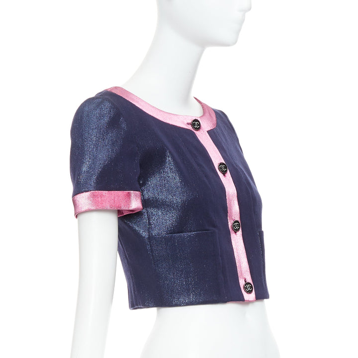 CHANEL 22K navy pink metallic wool blend cropped jacket FR36 S