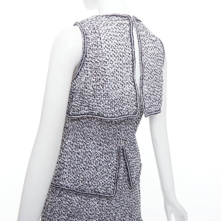 CHANEL 2015 Runway grey cotton tweed CC button ruffle dress FR36 S