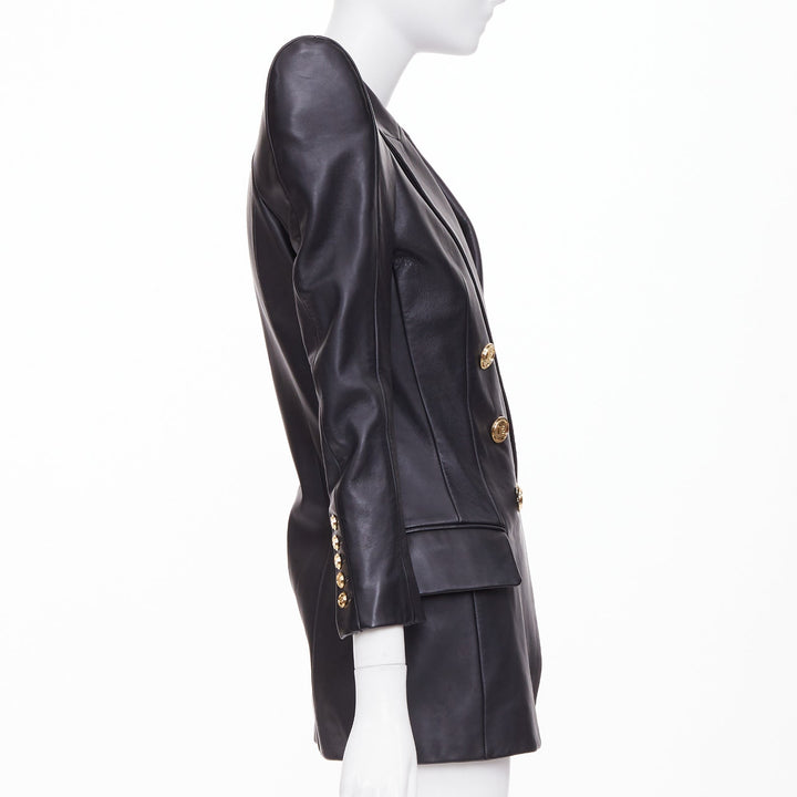 BALMAIN black lambskin leather gold buttons Pagoda shoulders jacket FR34 XS