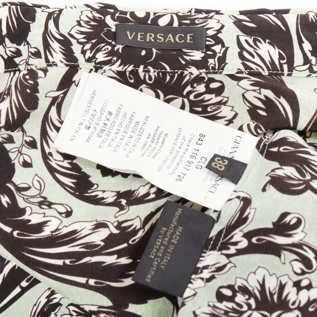 VERSACE 100% silk green black baroque floral print button up shirt IT38 XS