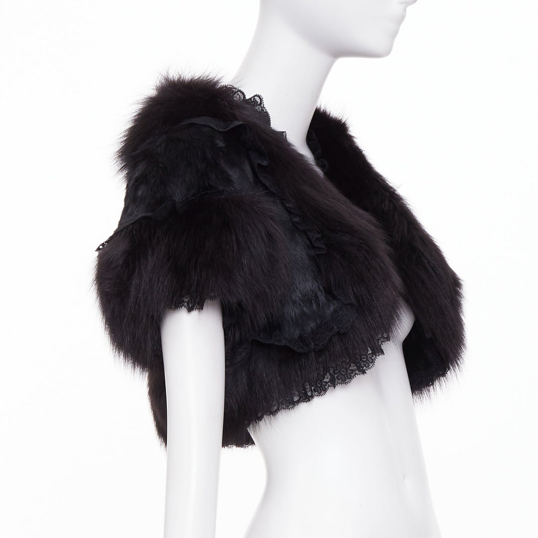 ADAM JONES 2004 black lace trim fox rabbit fur cropped open front bolero FR40 L