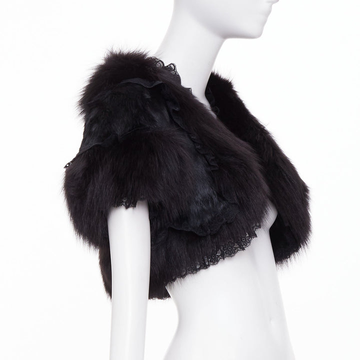 ADAM JONES 2004 black lace trim fox rabbit fur cropped open front bolero FR40 L