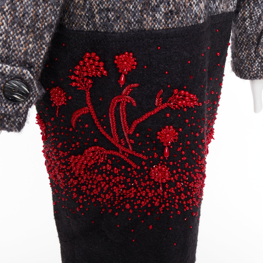 PRADA 2017 speckled wool tweed red bead embellishment hem long coat IT38 XS