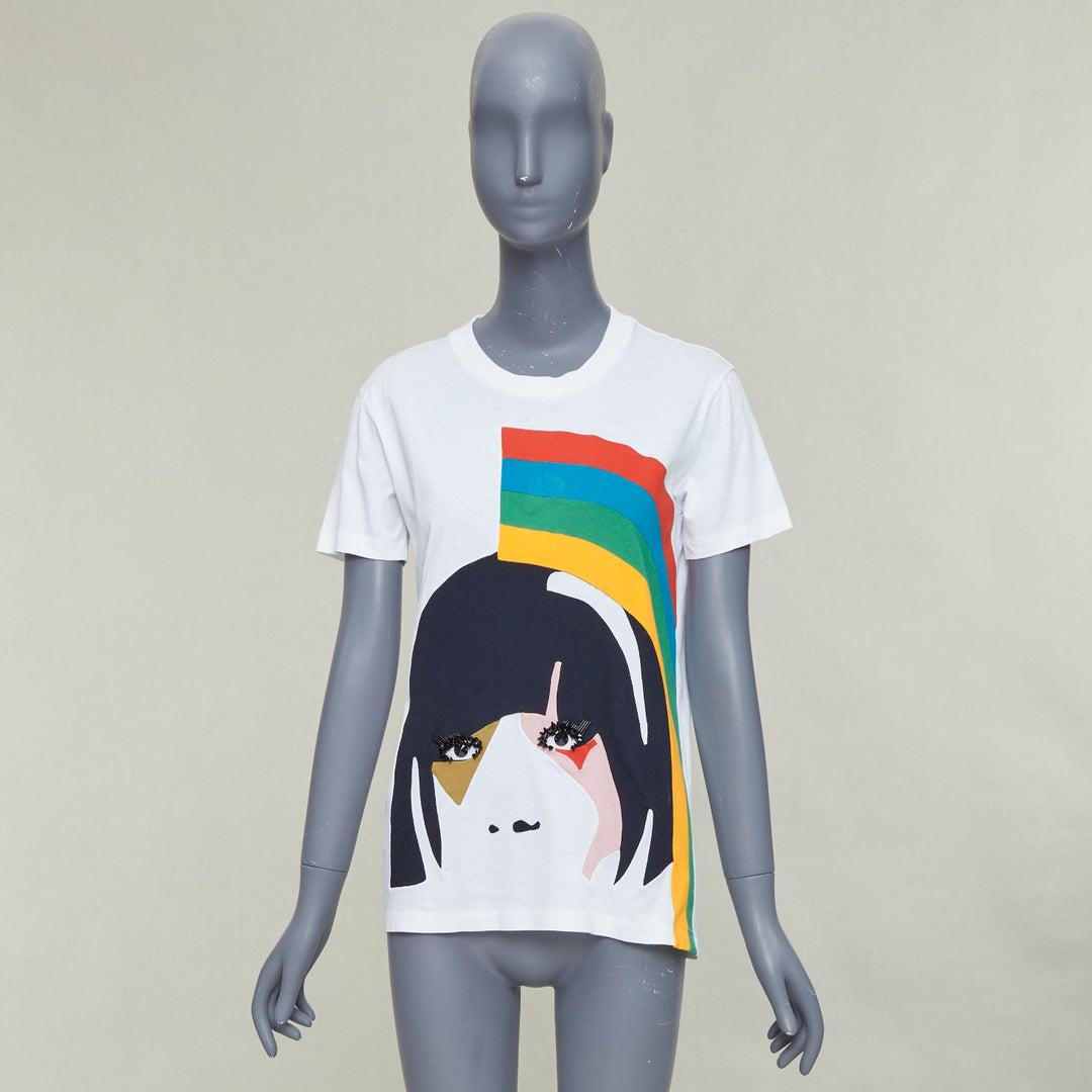 PRADA 2014 red yellow blue rainbow beaded eyelashes face cotton tshirt S