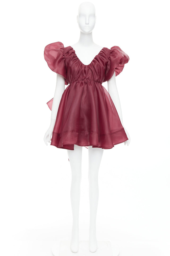 AJE Greta maroon burgundy organza puff sleeve mini dress UK6 XS
