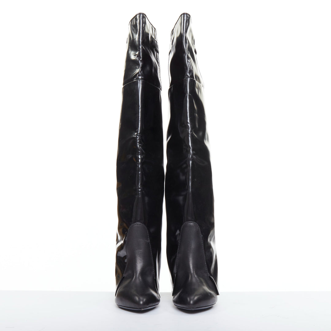 GIVENCHY 2012 Runway Shark Lock  black polished leather foldover boots EU40