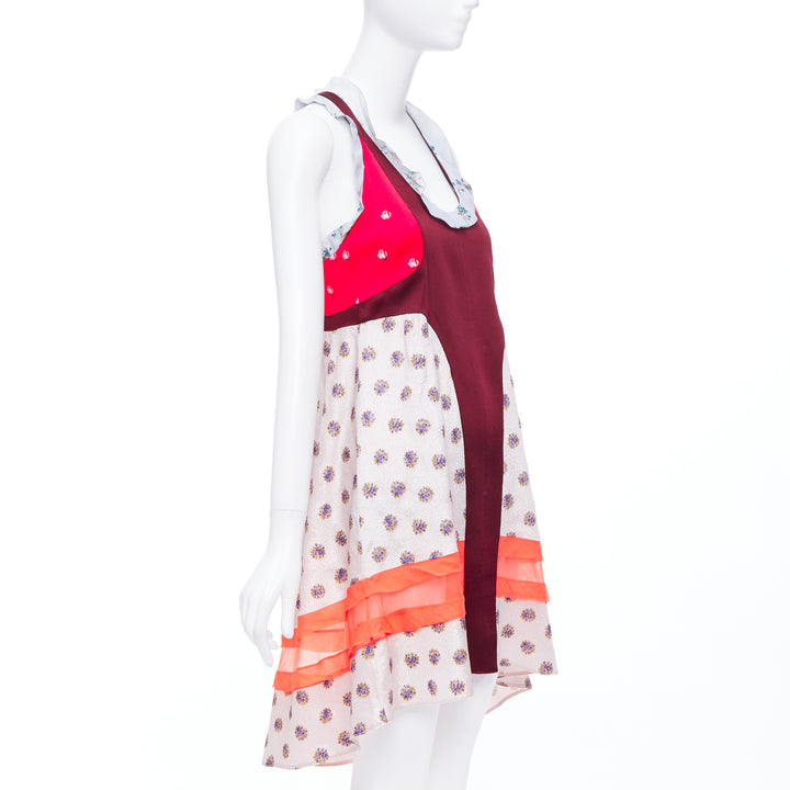 VALENTINO red grey acetate silk floral print block ruffle dress IT40 S