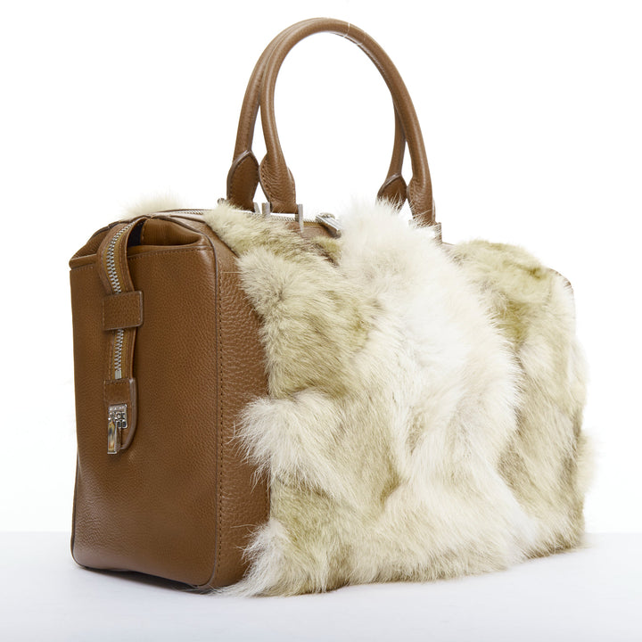 MICHAEL KORS COLLECTION brown leather cream coyote fur duffel tote bag