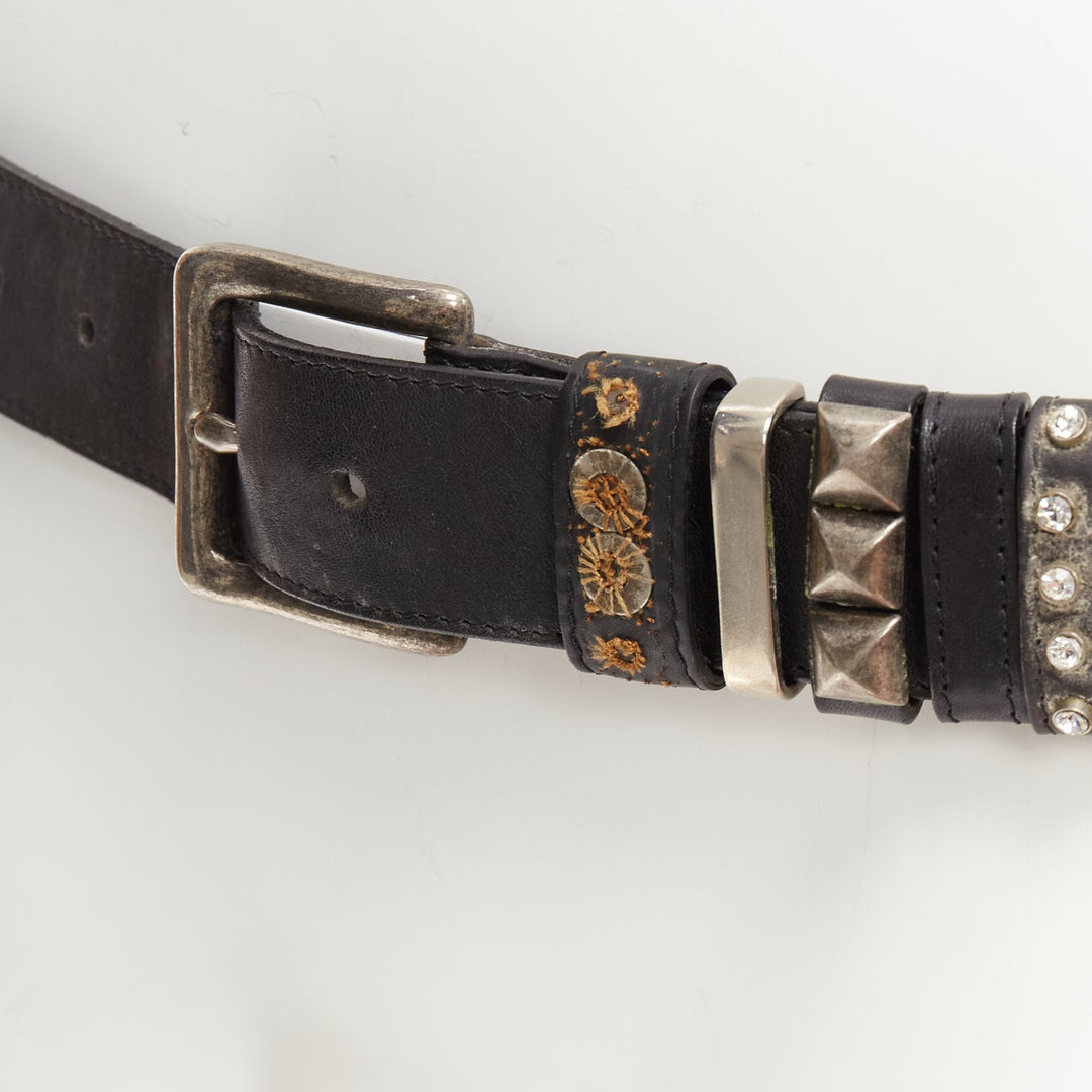 rare DRIES VAN NOTEN black leather beige mixed studs multi loop belt 85cm