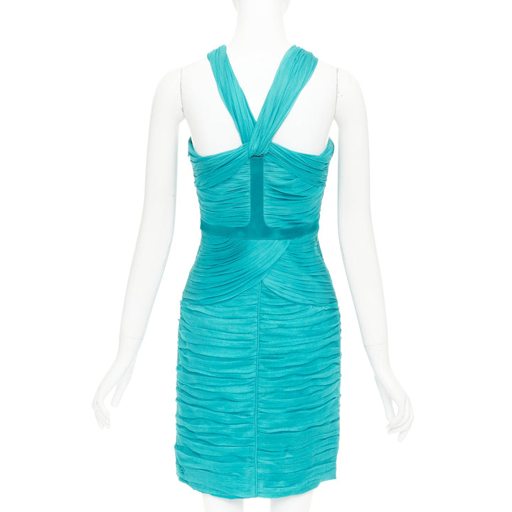 BURBERRY teal blue silk pleated satin front halter mini dress