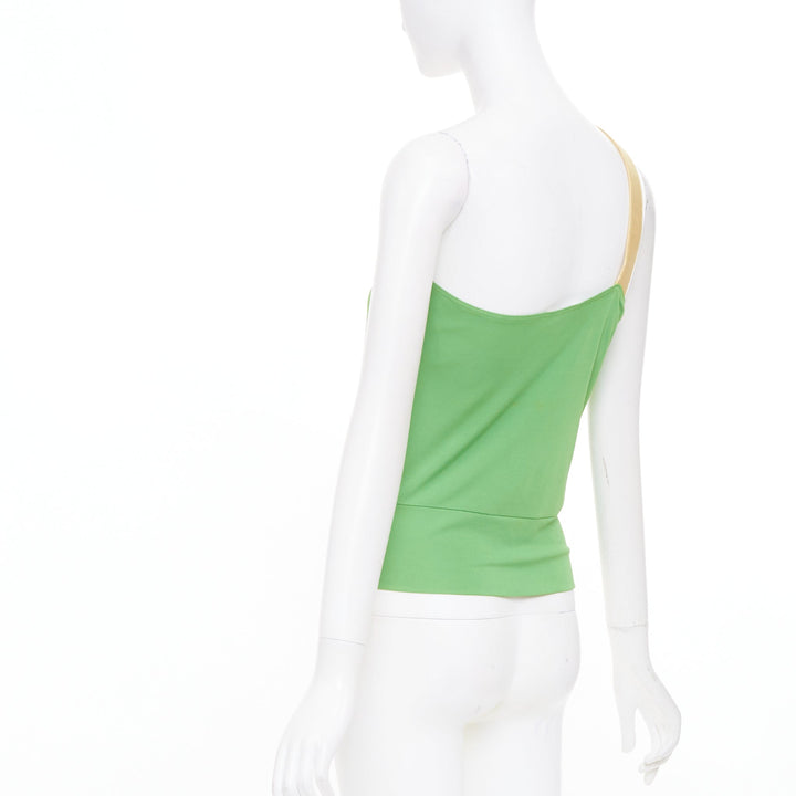 CELINE 2002 Runway horn ring green leather asymmetric shoulder halter top FR36 S