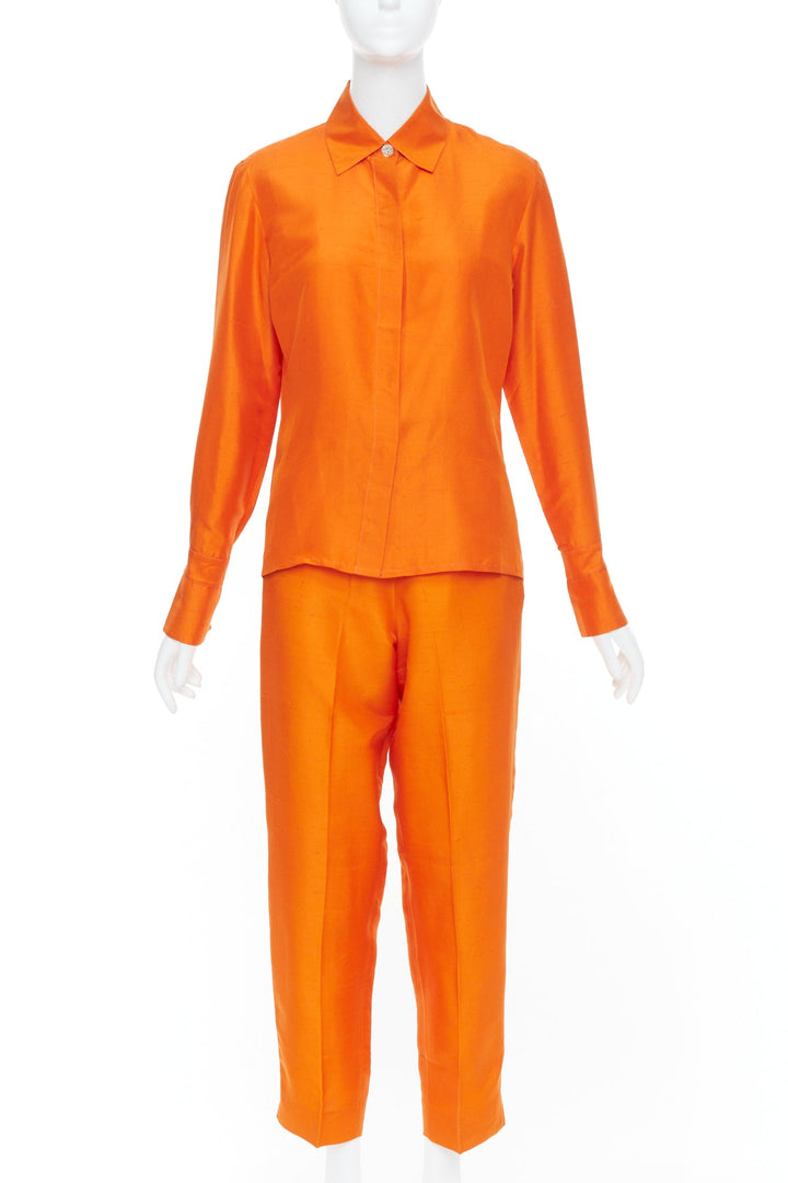 SHANGHAI TANG orange raw silk hidden placket long sleeve shirt trousers set XS