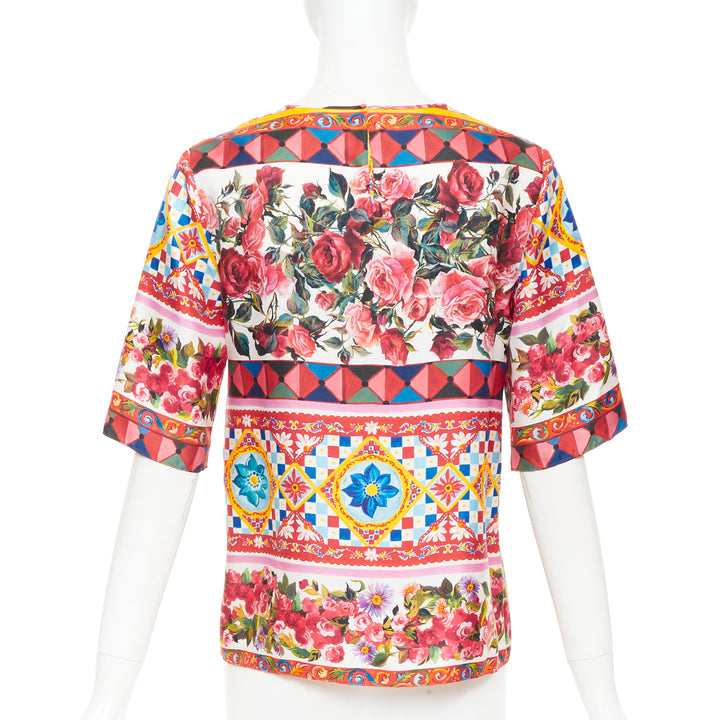 DOLCE GABBANA  Carretto Roses pink multicolor print silk crew top IT38 XS