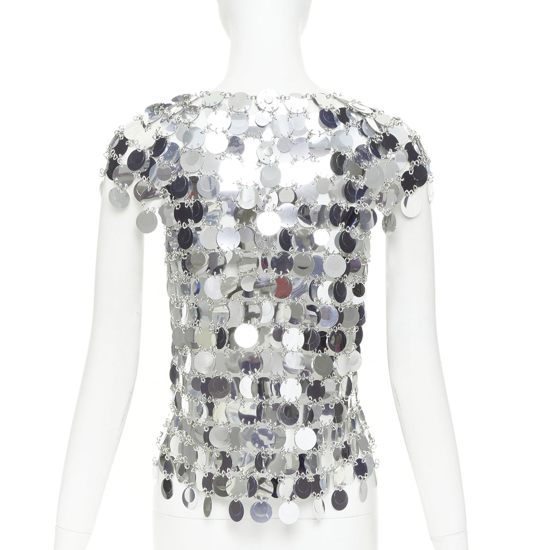 PACO RABANNE The Iconic silver metallic disc short sleeves paillettes top M