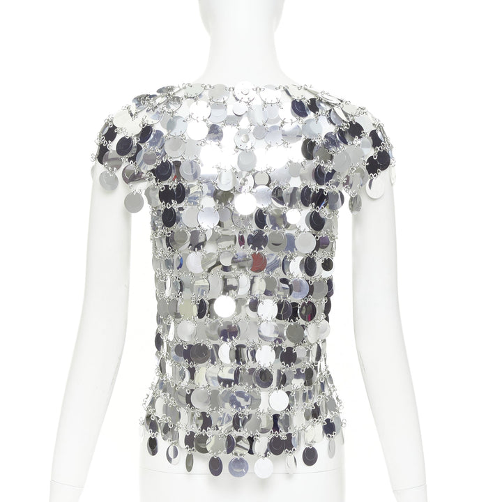 PACO RABANNE The Iconic silver metallic disc short sleeves paillettes top M