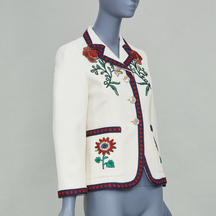 GUCCI 2015 Alessandro Michele  beige rose embroidered web trim jacket IT40 S