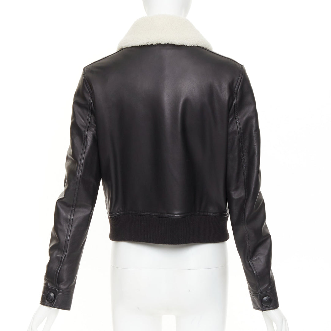 LANVIN 2021 black lambskin leather shearling collar crop aviator bomber FR38 M