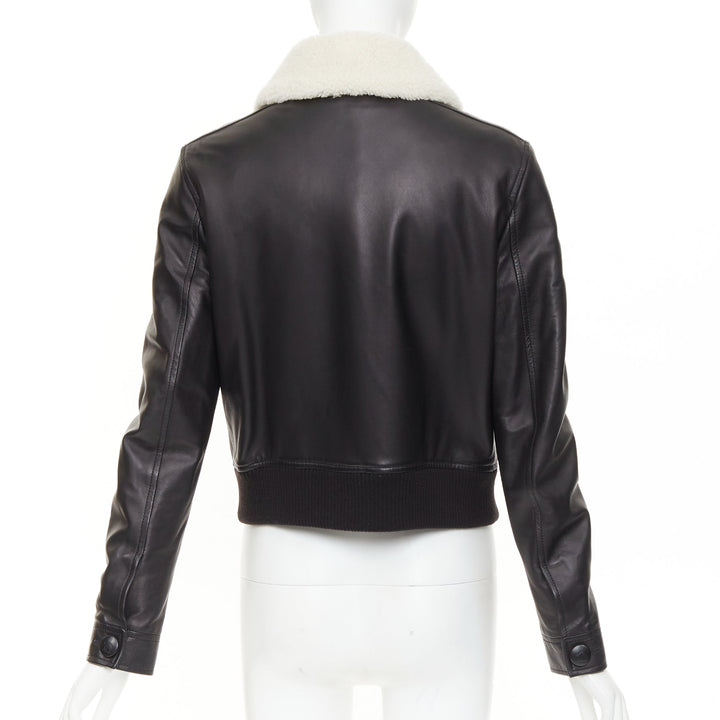 LANVIN 2021 black lambskin leather shearling collar crop aviator bomber FR38 M