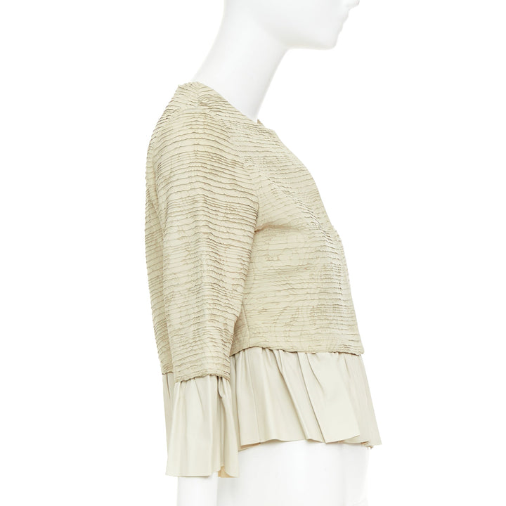 VALENTINO beige lambskin leather floral tiered laser cut ruffle jacket IT40 S