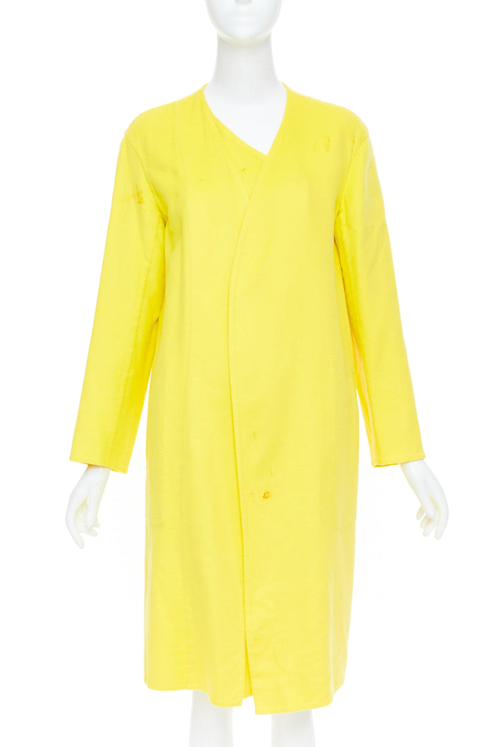 HERMES yellow cashmere asymmetric collar minimalist wrap longline coat FR36 S