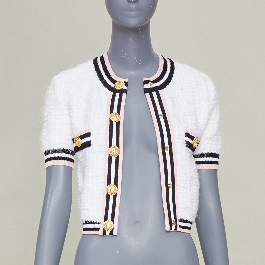BALMAIN 2024 maze knit striped border short sleeve lion button cardigan FR34 XS