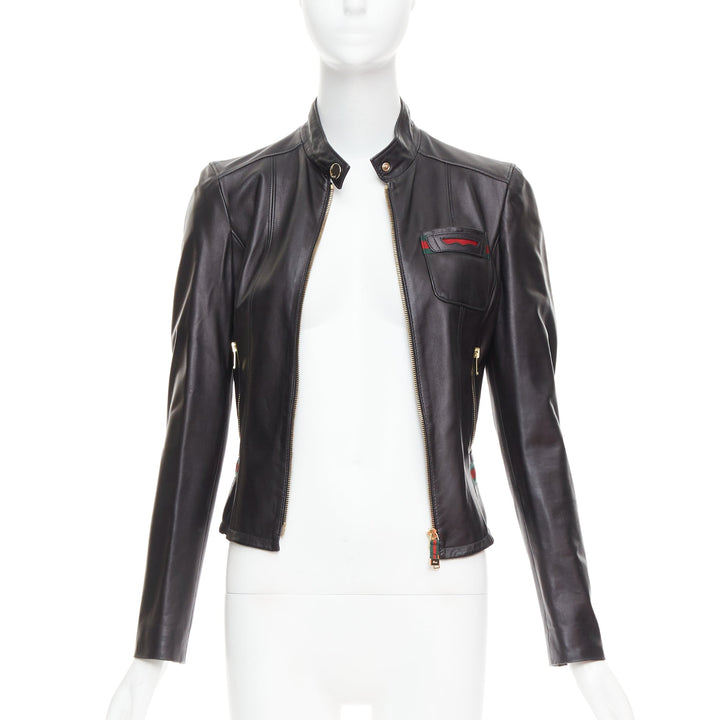 GUCCI Vintage black leather green red web moto biker jacket IT38 XS
