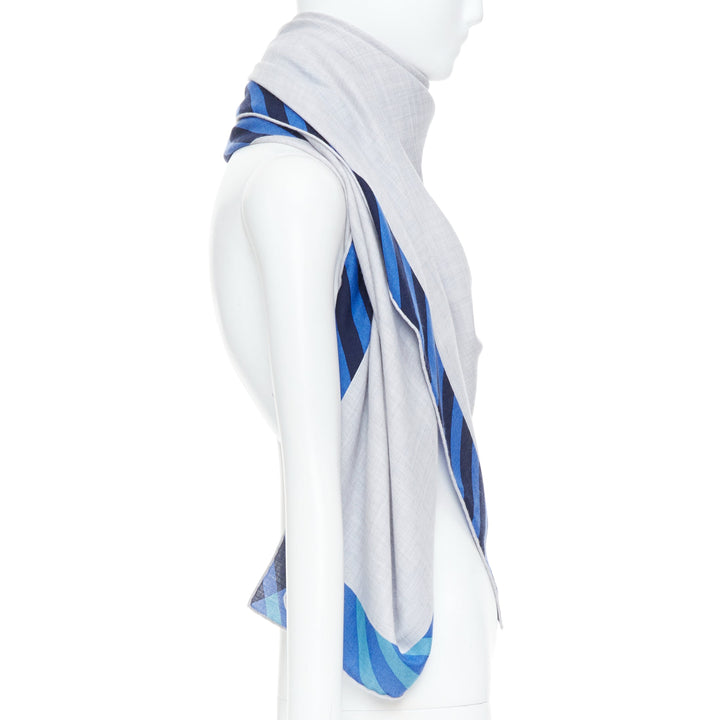 HERMES Encadre Liste au Fil 140cm heather grey marine navy blue stripe shawl