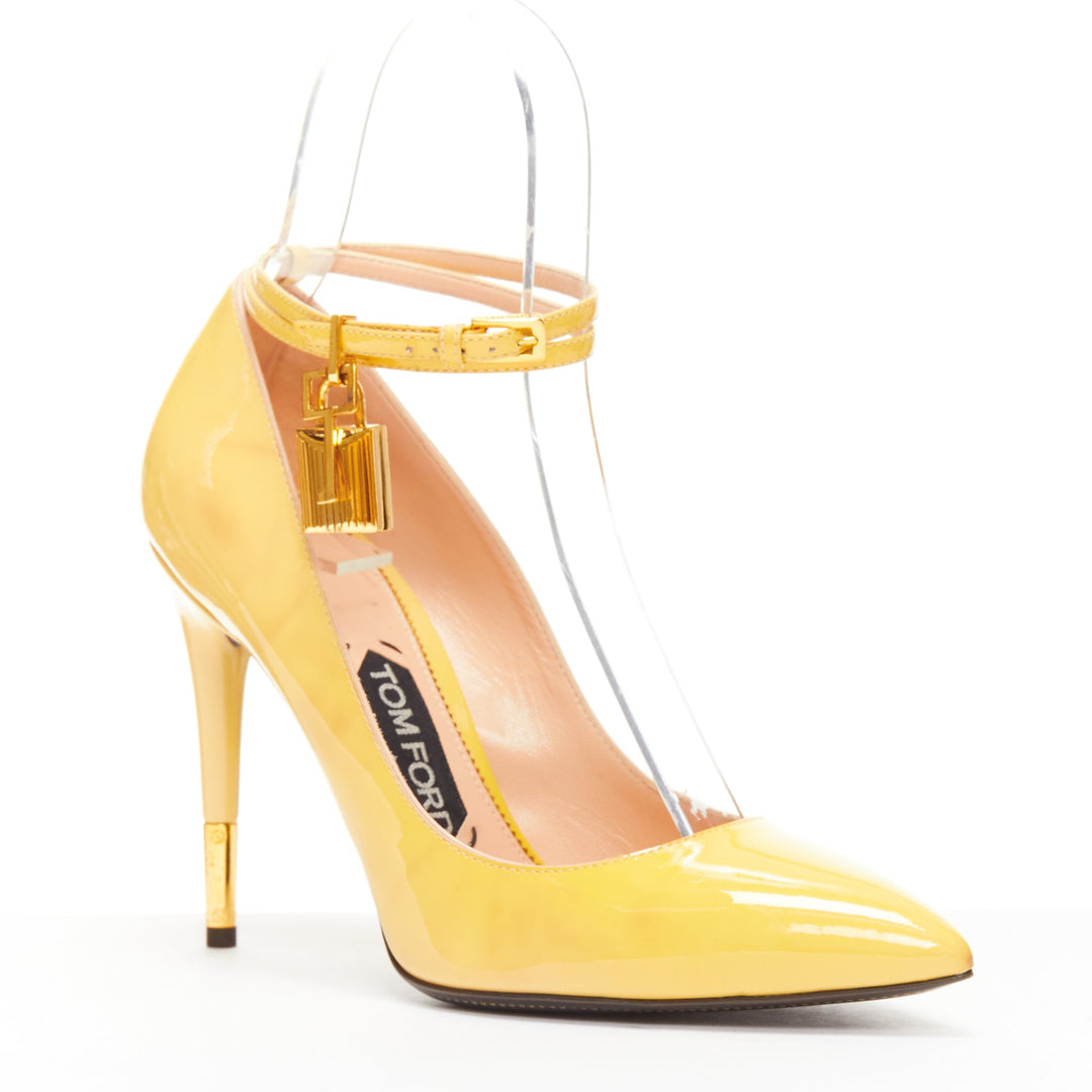 TOM FORD Padlock yellow patent leather gold key lock charm strappy sandals EU37
