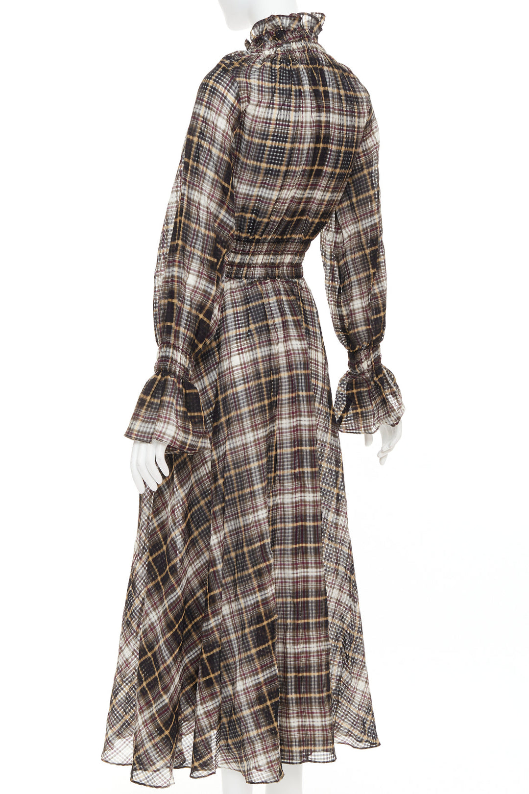 BEAUFILLE brown cotton silk check sheer ruched neck sleeves peasant dress US0 S