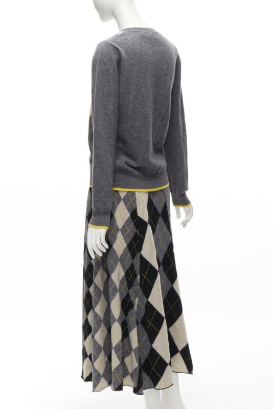 PRINGLE OF SCOTLAND wool grey argyle yellow sweater asymmetric midi skirt XS