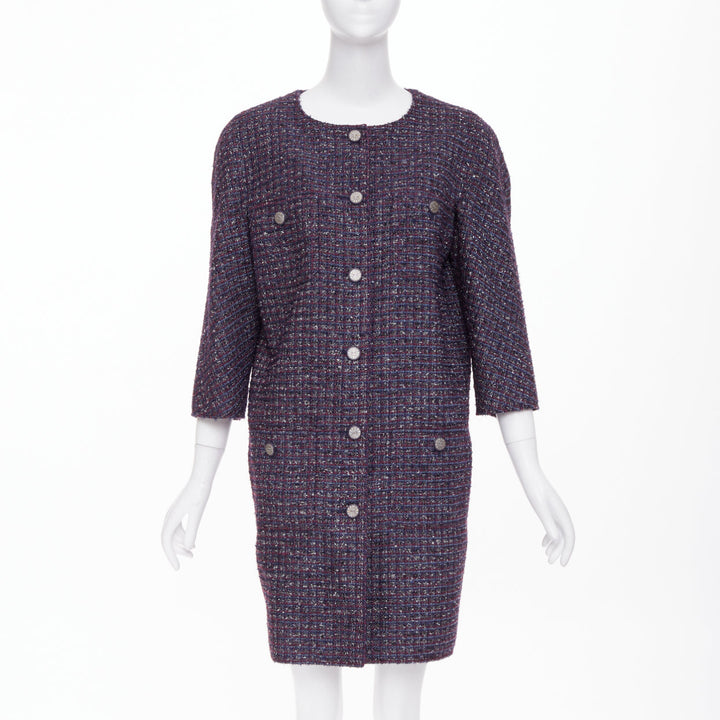 CHANEL 2014 purple metallic CC button four pocket collarless tweed coat FR44