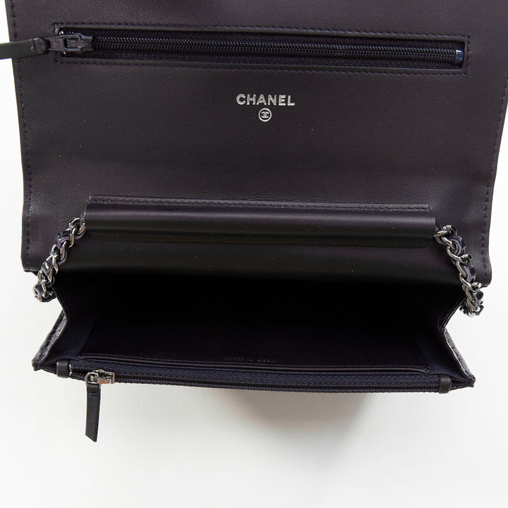 CHANEL Timeless Classic Flap Wallet on Chain navy scaled leather crossbody bag