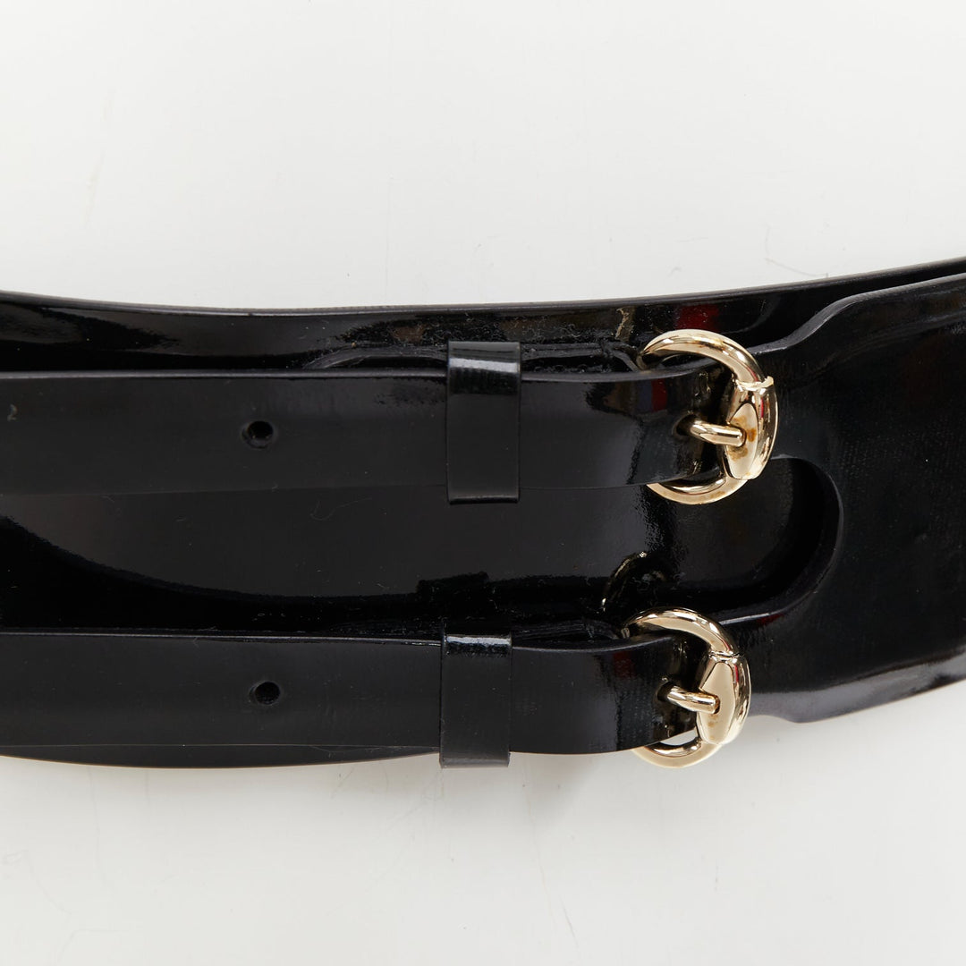 GUCCI 2008 Queen dual horseshoe buckle black patent leather wide corset belt XS