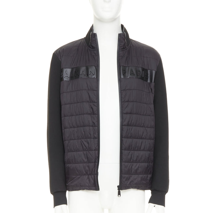 BALMAIN black mixed quilted puffer logo neoprene sleeves zip up jacket EU50 L