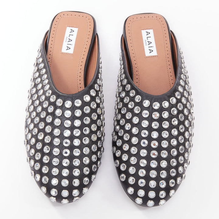ALAIA Crystal Slide On black leather clear strass embellished flat mule EU38