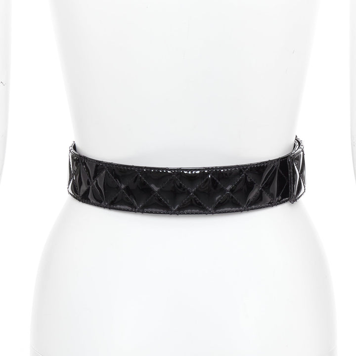 BURBERRY black patent leather diamond quilted rectangular buckle belt 75cm