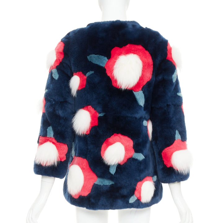 YVES SALOMON KIDS navy rabbit mink floral patchwork coat Yr10 XS