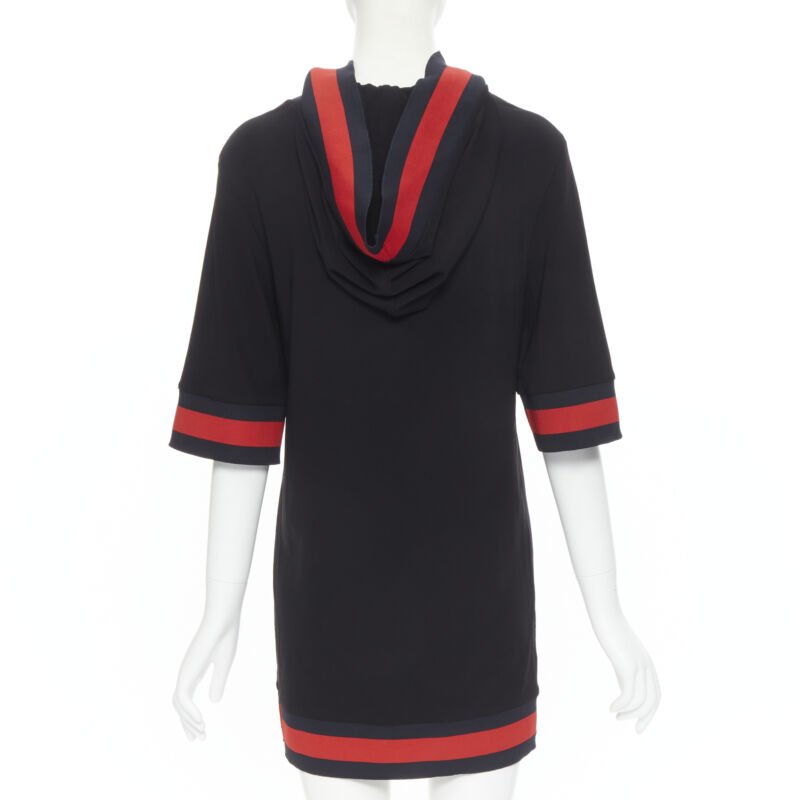 GUCCI black blue red signature web trim hooded casual dress XS