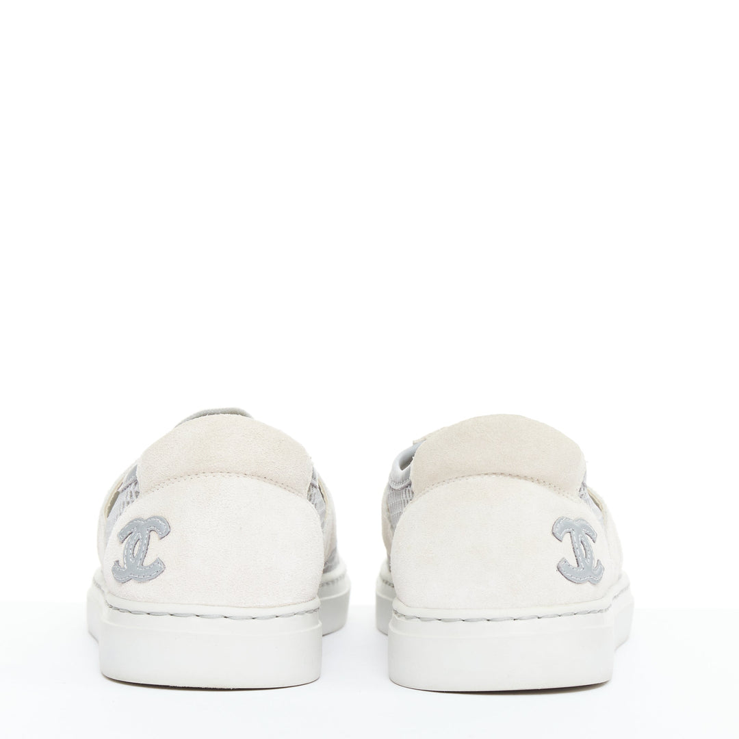 CHANEL 2015 grey mesh CC logo cream suede panelled sneakers EU36.5