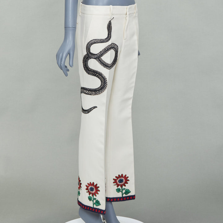 GUCCI 2015 Runway beige snake floral embroidered silk cotton trousers IT40 S