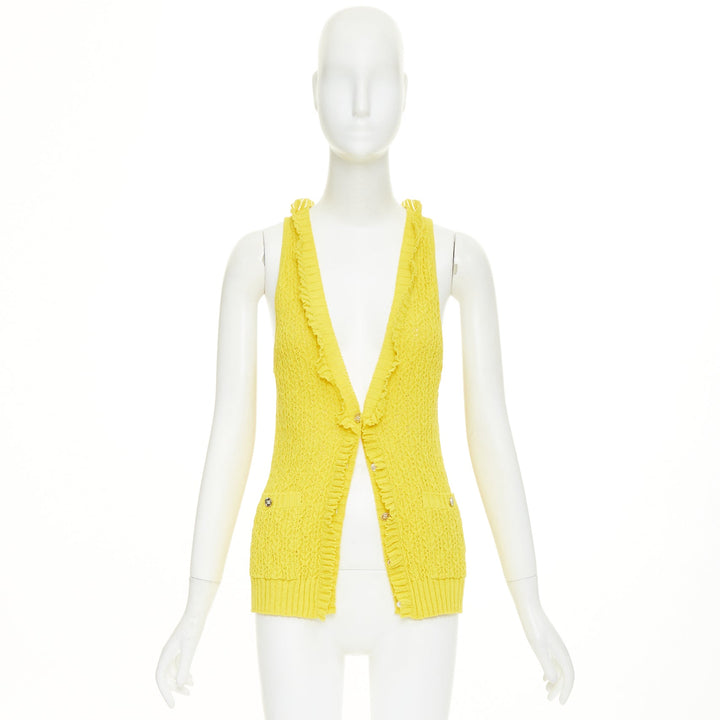 CHANEL 2025 marigold yellow openwork ruffle trim cotton vest cardigan FR34 XXS